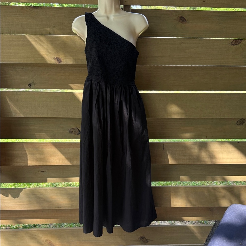 One-Shoulder Black Midi Dress with Smocked Bodice
